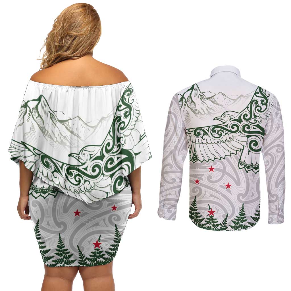 New Zealand Kea Bird Couples Matching Off Shoulder Short Dress and Long Sleeve Button Shirt Maori Tattoo and Silver Fern Green Color LT03 - Polynesian Pride