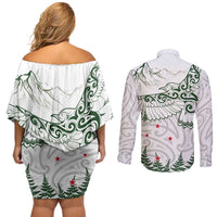New Zealand Kea Bird Couples Matching Off Shoulder Short Dress and Long Sleeve Button Shirt Maori Tattoo and Silver Fern Green Color LT03 - Polynesian Pride