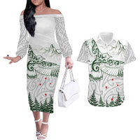 New Zealand Kea Bird Couples Matching Off The Shoulder Long Sleeve Dress and Hawaiian Shirt Maori Tattoo and Silver Fern Green Color LT03 White - Polynesian Pride