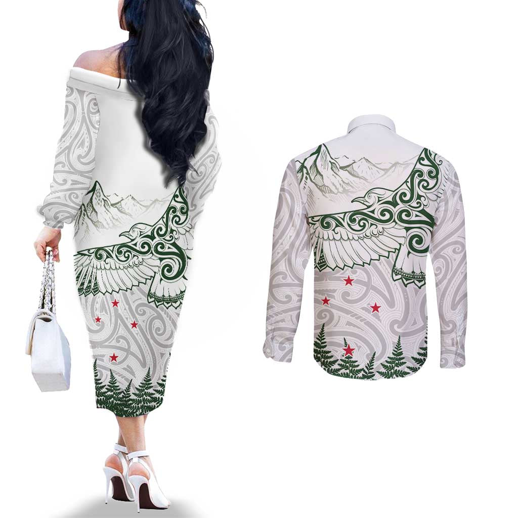 New Zealand Kea Bird Couples Matching Off The Shoulder Long Sleeve Dress and Long Sleeve Button Shirt Maori Tattoo and Silver Fern Green Color LT03 - Polynesian Pride