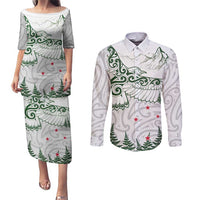 New Zealand Kea Bird Couples Matching Puletasi and Long Sleeve Button Shirt Maori Tattoo and Silver Fern Green Color LT03 White - Polynesian Pride