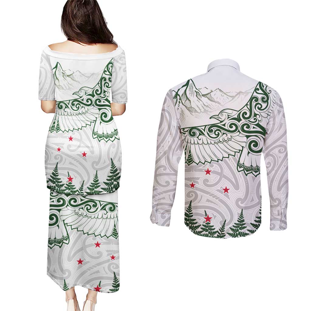New Zealand Kea Bird Couples Matching Puletasi and Long Sleeve Button Shirt Maori Tattoo and Silver Fern Green Color LT03 - Polynesian Pride
