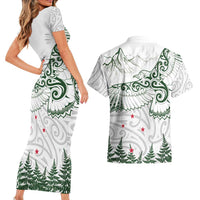 New Zealand Kea Bird Couples Matching Short Sleeve Bodycon Dress and Hawaiian Shirt Maori Tattoo and Silver Fern Green Color LT03 - Polynesian Pride