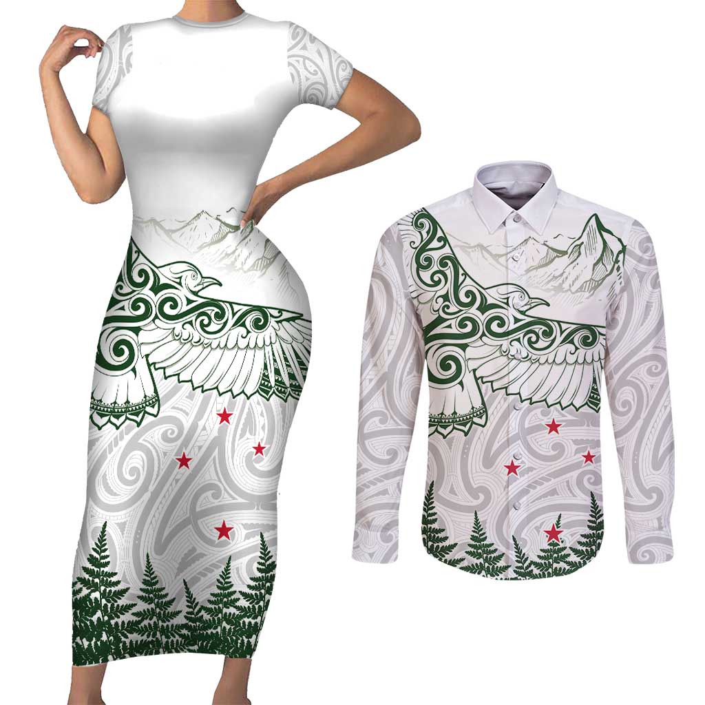 New Zealand Kea Bird Couples Matching Short Sleeve Bodycon Dress and Long Sleeve Button Shirt Maori Tattoo and Silver Fern Green Color LT03 White - Polynesian Pride