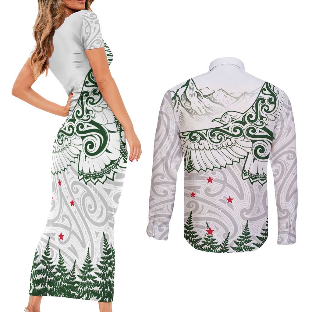 New Zealand Kea Bird Couples Matching Short Sleeve Bodycon Dress and Long Sleeve Button Shirt Maori Tattoo and Silver Fern Green Color LT03 - Polynesian Pride