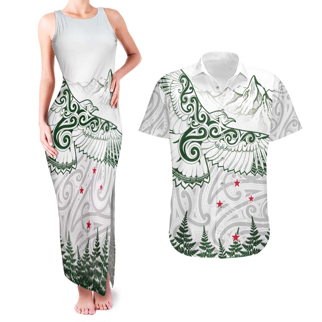 New Zealand Kea Bird Couples Matching Tank Maxi Dress and Hawaiian Shirt Maori Tattoo and Silver Fern Green Color LT03 White - Polynesian Pride