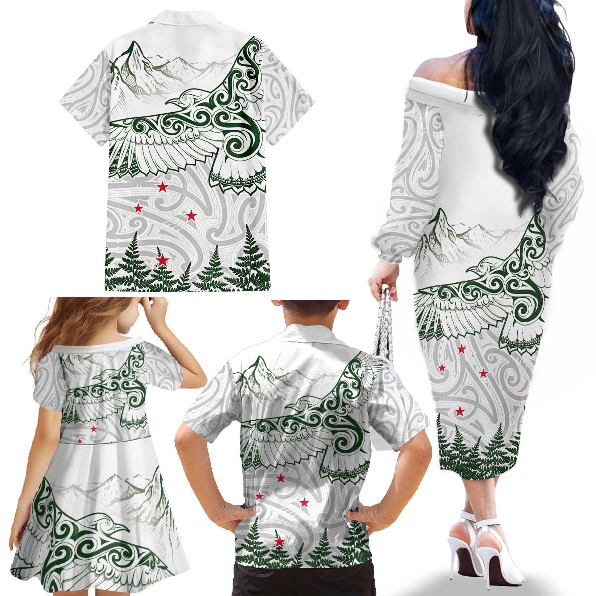 New Zealand Kea Bird Family Matching Off The Shoulder Long Sleeve Dress and Hawaiian Shirt Maori Tattoo and Silver Fern Green Color LT03 - Polynesian Pride