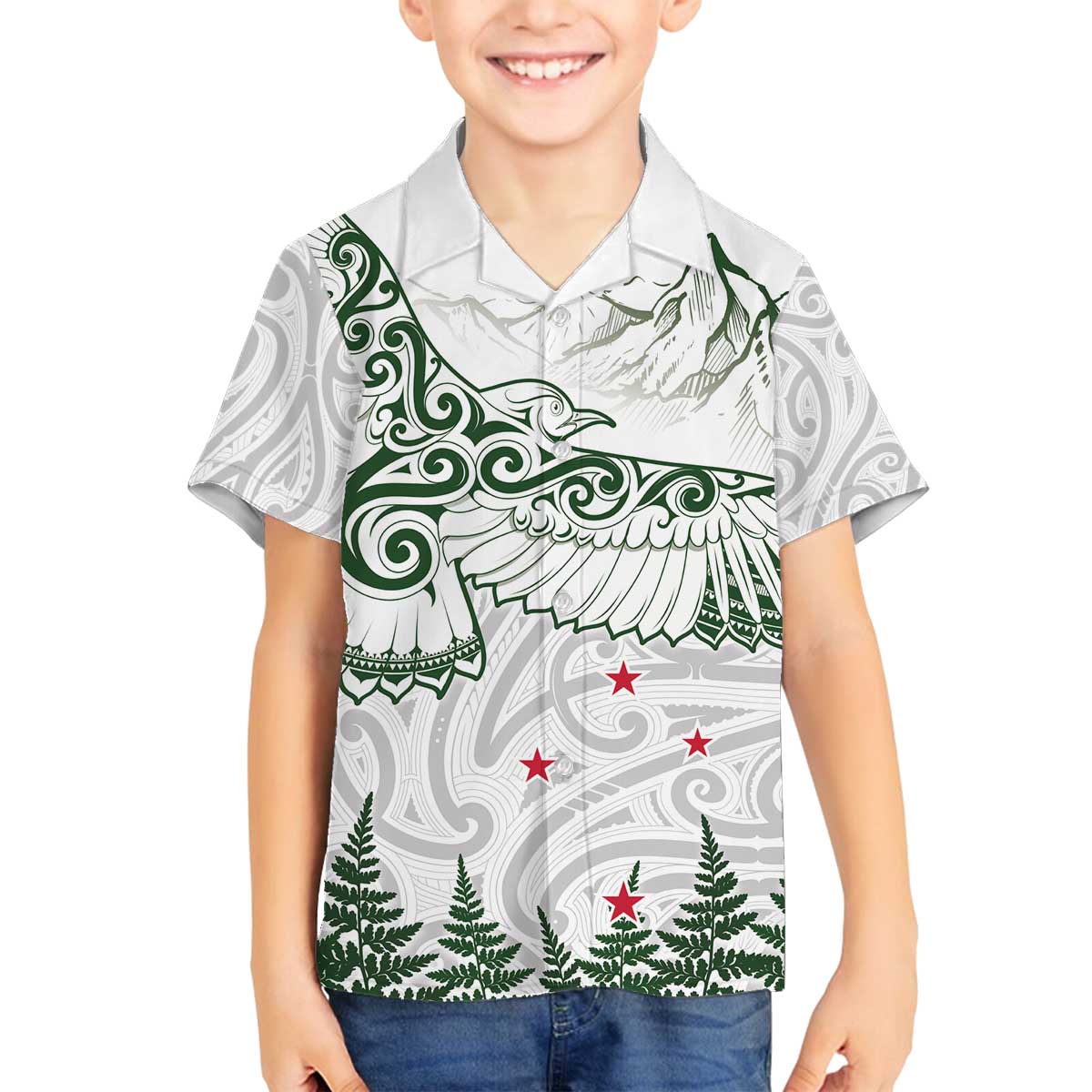 New Zealand Kea Bird Family Matching Off The Shoulder Long Sleeve Dress and Hawaiian Shirt Maori Tattoo and Silver Fern Green Color LT03 Son's Shirt White - Polynesian Pride