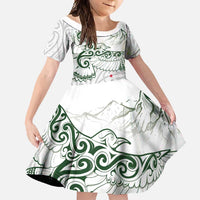 New Zealand Kea Bird Family Matching Off Shoulder Maxi Dress and Hawaiian Shirt Maori Tattoo and Silver Fern Green Color LT03 Daughter's Dress White - Polynesian Pride