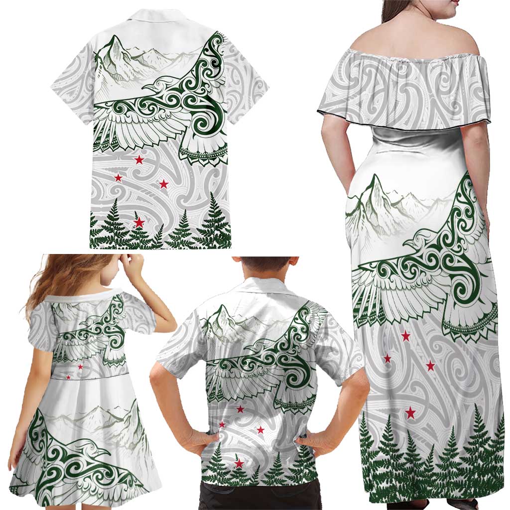 New Zealand Kea Bird Family Matching Off Shoulder Maxi Dress and Hawaiian Shirt Maori Tattoo and Silver Fern Green Color LT03 - Polynesian Pride
