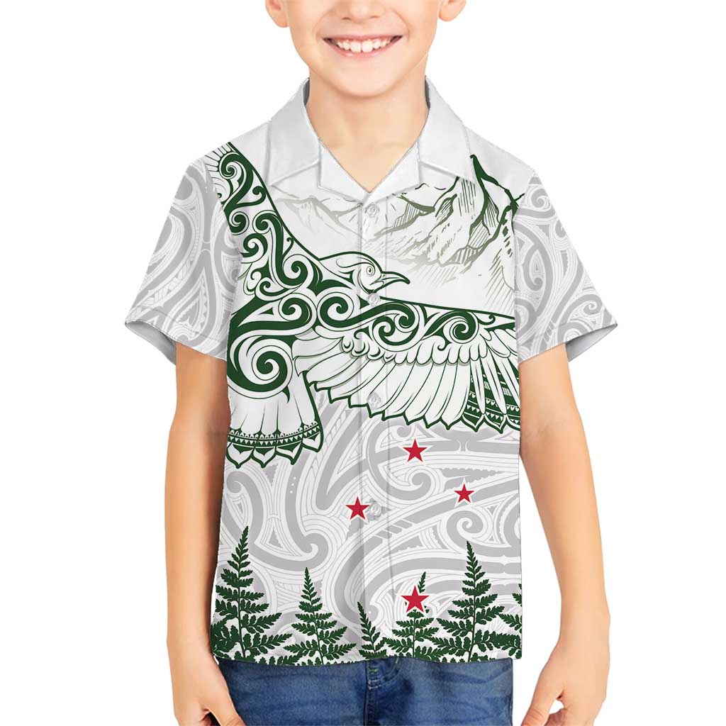New Zealand Kea Bird Family Matching Off Shoulder Maxi Dress and Hawaiian Shirt Maori Tattoo and Silver Fern Green Color LT03 Son's Shirt White - Polynesian Pride