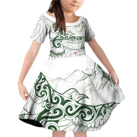 New Zealand Kea Bird Family Matching Off Shoulder Short Dress and Hawaiian Shirt Maori Tattoo and Silver Fern Green Color LT03 Daughter's Dress White - Polynesian Pride