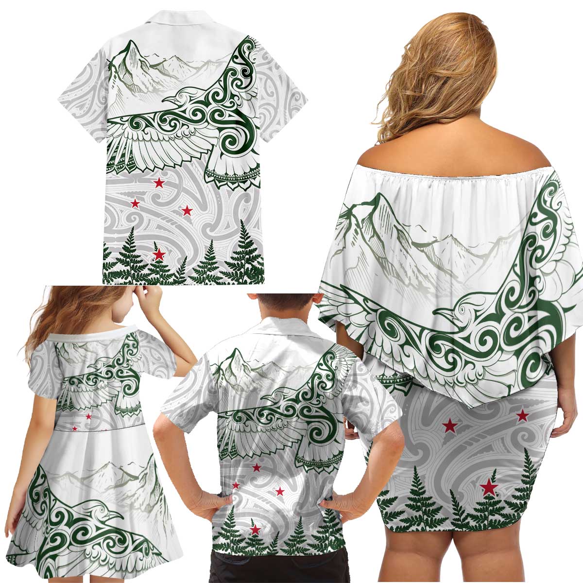 New Zealand Kea Bird Family Matching Off Shoulder Short Dress and Hawaiian Shirt Maori Tattoo and Silver Fern Green Color LT03 - Polynesian Pride