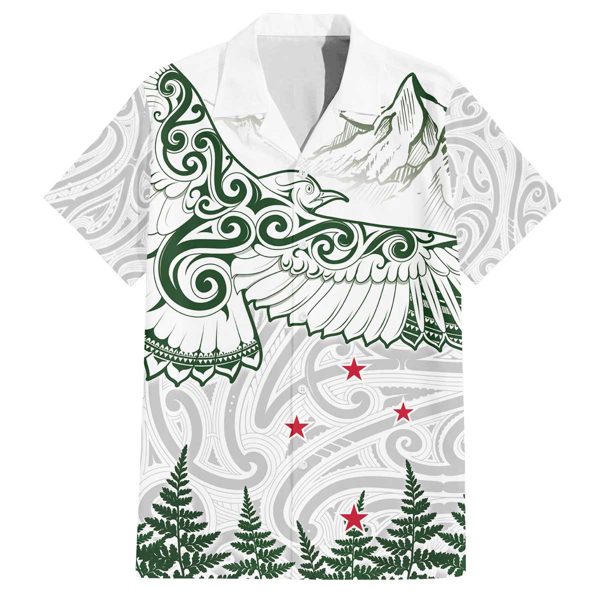 New Zealand Kea Bird Family Matching Puletasi and Hawaiian Shirt Maori Tattoo and Silver Fern Green Color LT03 Dad's Shirt - Short Sleeve White - Polynesian Pride