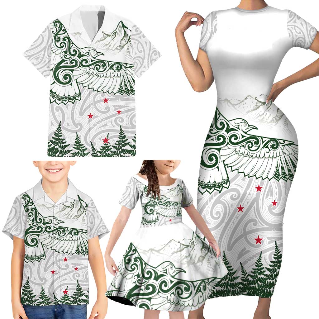 New Zealand Kea Bird Family Matching Short Sleeve Bodycon Dress and Hawaiian Shirt Maori Tattoo and Silver Fern Green Color LT03 - Polynesian Pride