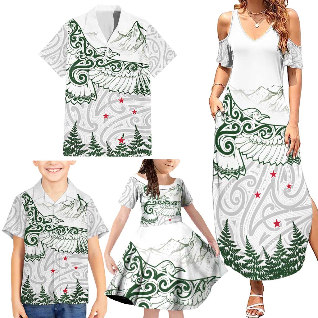 New Zealand Kea Bird Family Matching Summer Maxi Dress and Hawaiian Shirt Maori Tattoo and Silver Fern Green Color LT03 - Polynesian Pride