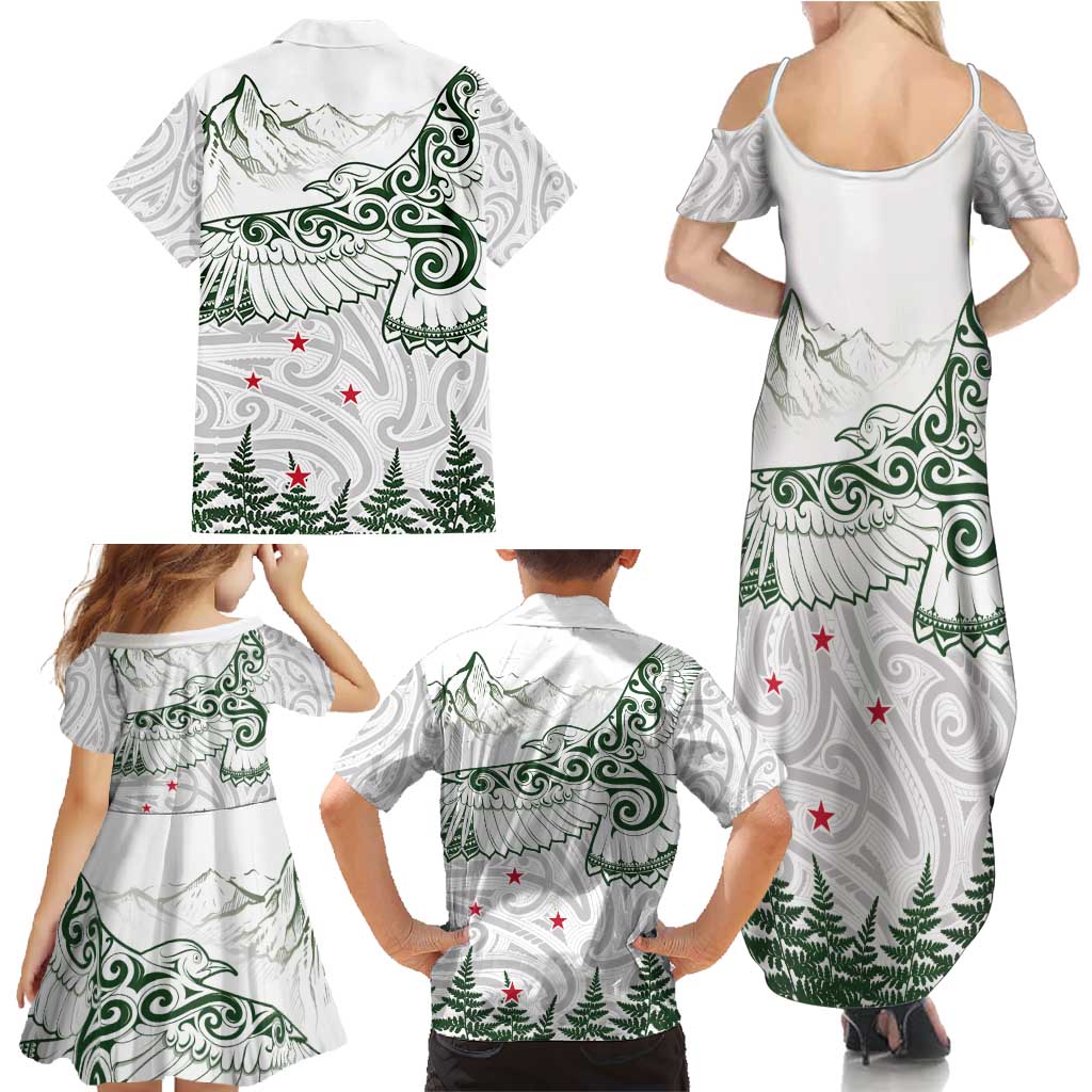 New Zealand Kea Bird Family Matching Summer Maxi Dress and Hawaiian Shirt Maori Tattoo and Silver Fern Green Color LT03 - Polynesian Pride
