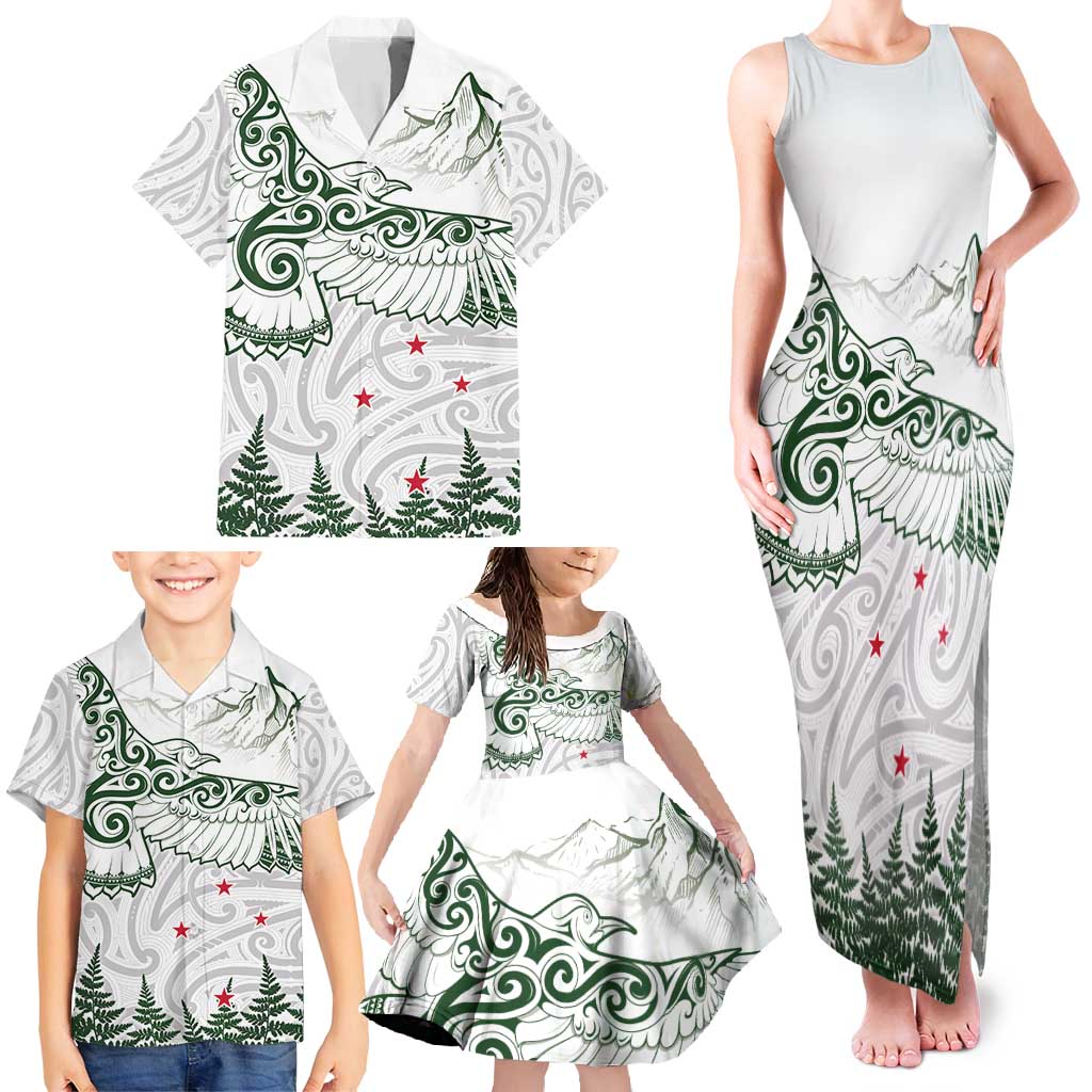 New Zealand Kea Bird Family Matching Tank Maxi Dress and Hawaiian Shirt Maori Tattoo and Silver Fern Green Color LT03 - Polynesian Pride