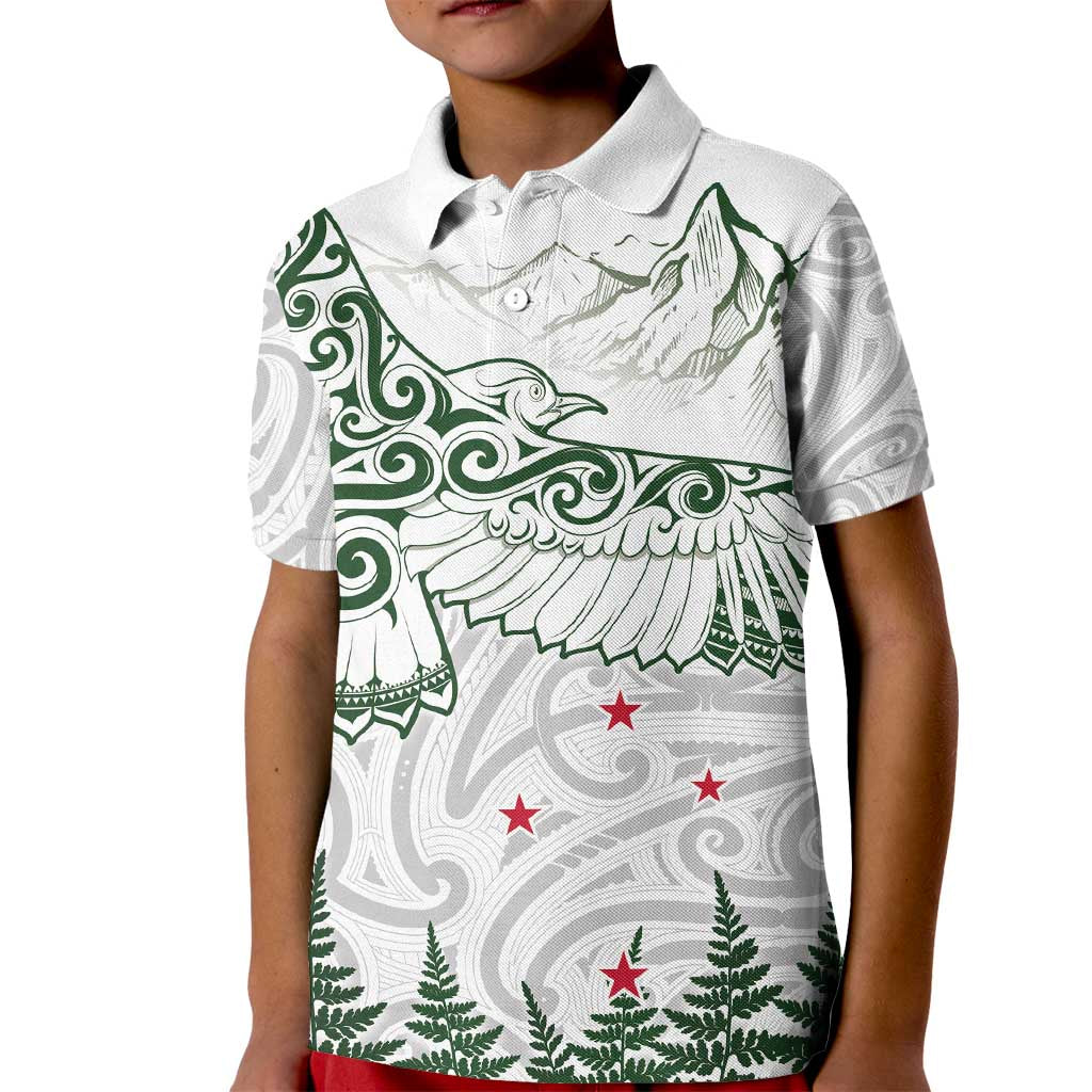 New Zealand Kea Bird Kid Polo Shirt Maori Tattoo and Silver Fern Green Color LT03 Kid White - Polynesian Pride