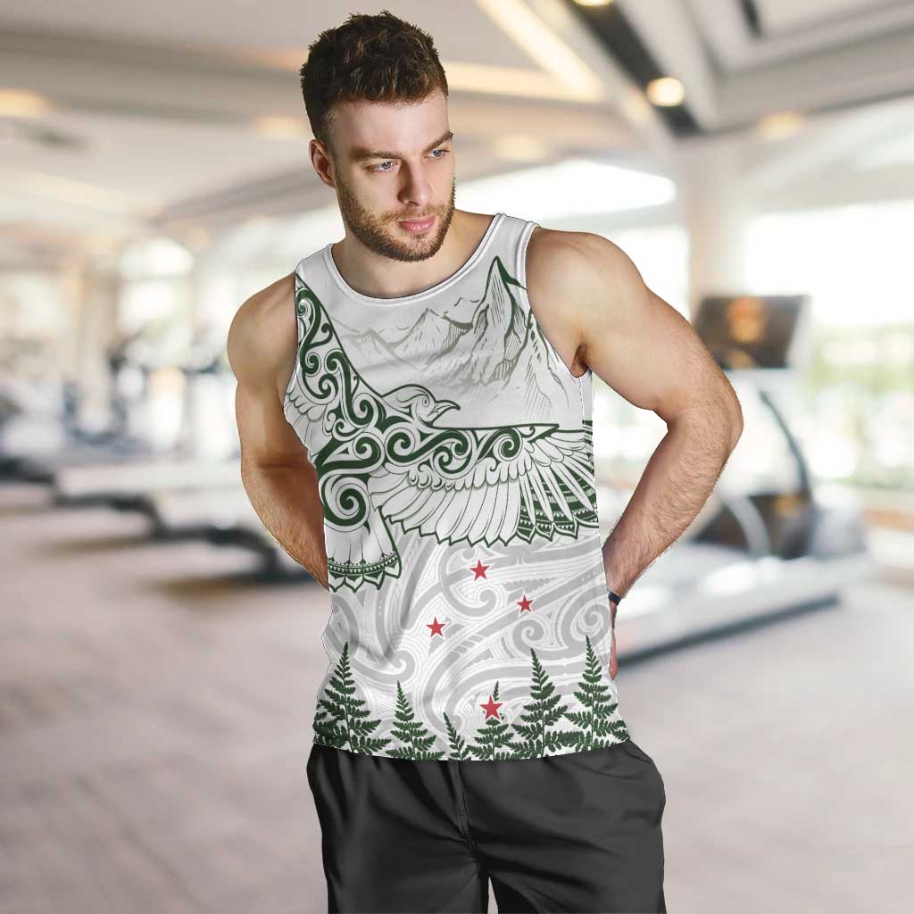 New Zealand Kea Bird Men Tank Top Maori Tattoo and Silver Fern Green Color LT03 White - Polynesian Pride