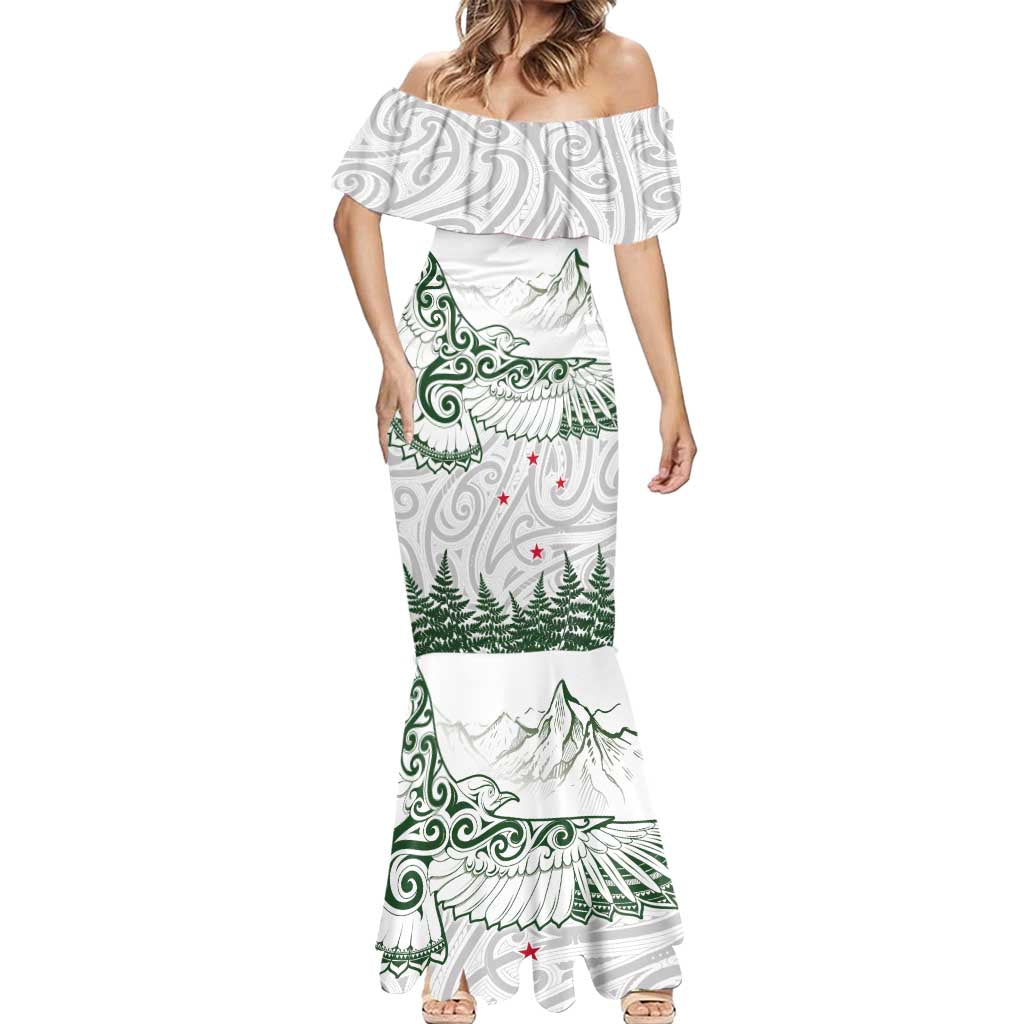 New Zealand Kea Bird Mermaid Dress Maori Tattoo and Silver Fern Green Color LT03 - Polynesian Pride