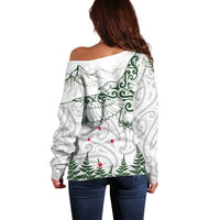 New Zealand Kea Bird Off Shoulder Sweater Maori Tattoo and Silver Fern Green Color LT03 - Polynesian Pride