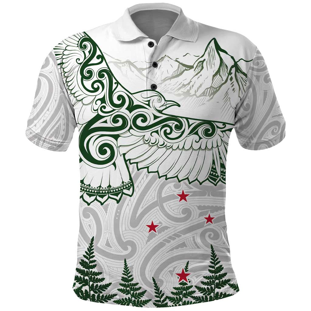 New Zealand Kea Bird Polo Shirt Maori Tattoo and Silver Fern Green Color LT03 White - Polynesian Pride