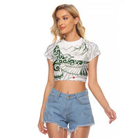 New Zealand Kea Bird Raglan Cropped T Shirt Maori Tattoo and Silver Fern Green Color LT03 Female White - Polynesian Pride