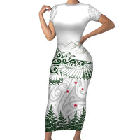 New Zealand Kea Bird Short Sleeve Bodycon Dress Maori Tattoo and Silver Fern Green Color LT03 Long Dress White - Polynesian Pride