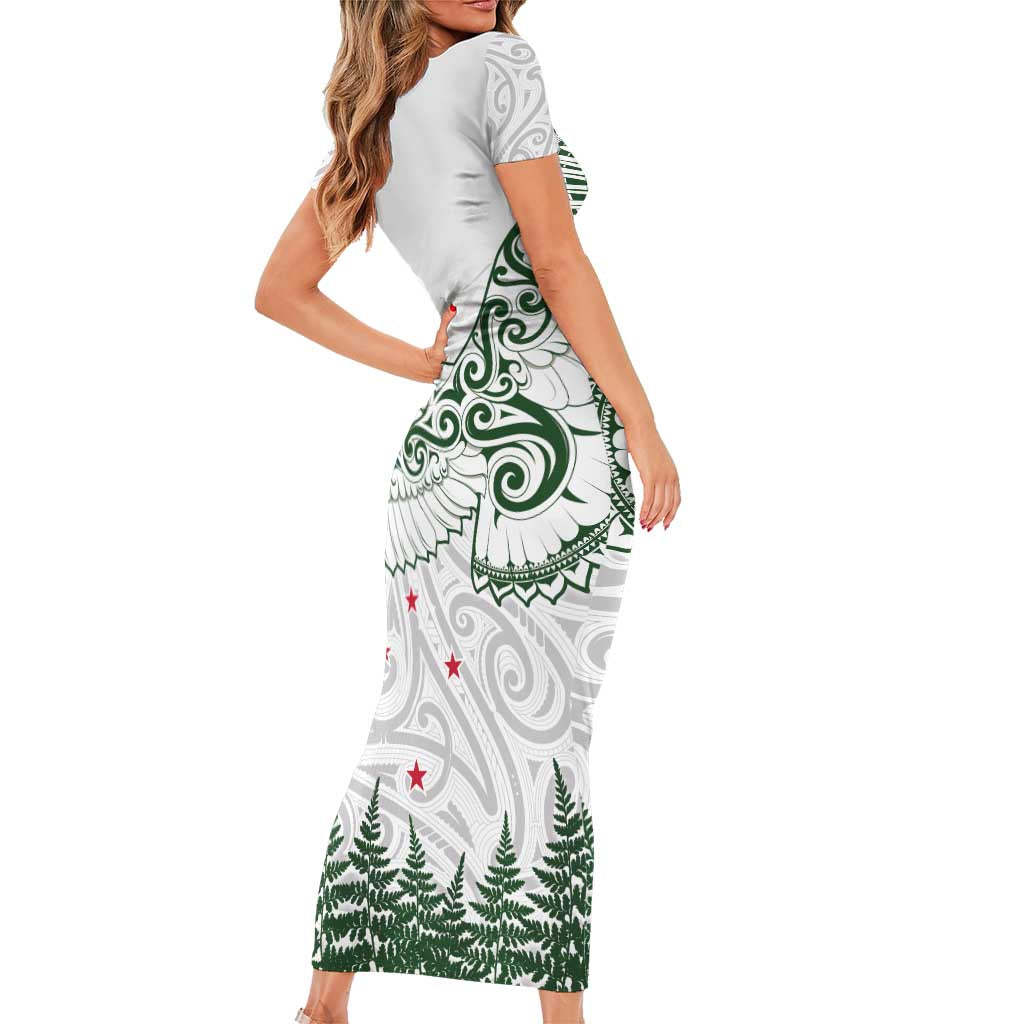 New Zealand Kea Bird Short Sleeve Bodycon Dress Maori Tattoo and Silver Fern Green Color LT03 - Polynesian Pride