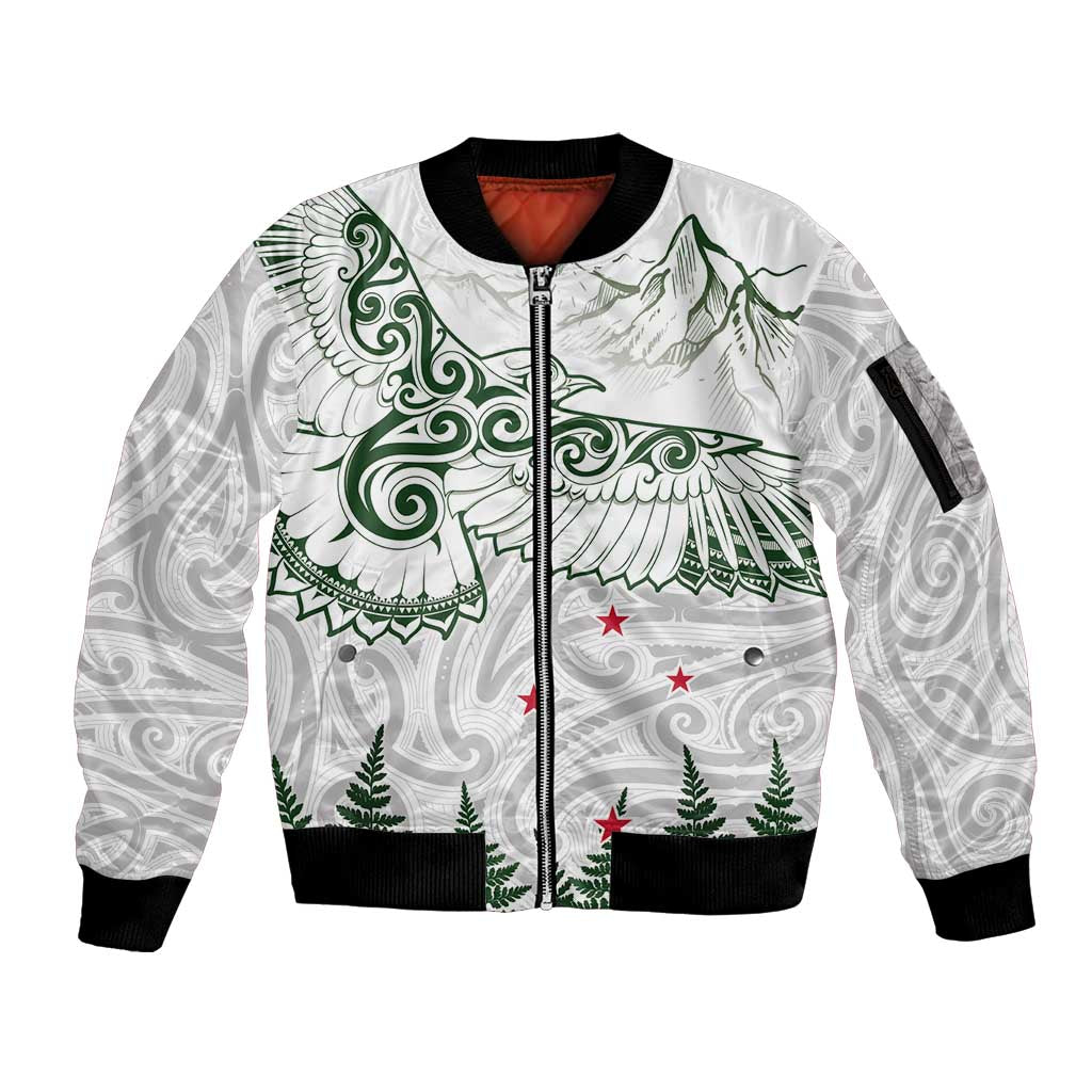 New Zealand Kea Bird Sleeve Zip Bomber Jacket Maori Tattoo and Silver Fern Green Color LT03 Unisex White - Polynesian Pride
