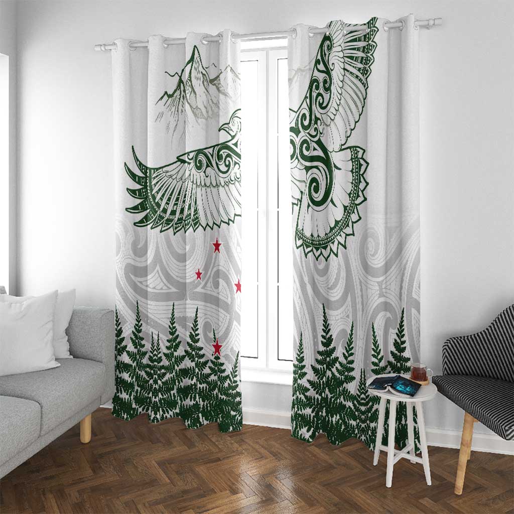 New Zealand Kea Bird Window Curtain Maori Tattoo and Silver Fern Green Color LT03 With Grommets White - Polynesian Pride