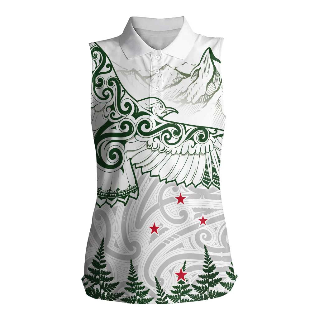 New Zealand Kea Bird Women Sleeveless Polo Shirt Maori Tattoo and Silver Fern Green Color LT03 Female White - Polynesian Pride