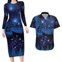 New Zealand Kea Bird Couples Matching Long Sleeve Bodycon Dress and Hawaiian Shirt Maori Tattoo and Silver Fern Matariki Style LT03 Blue - Polynesian Pride