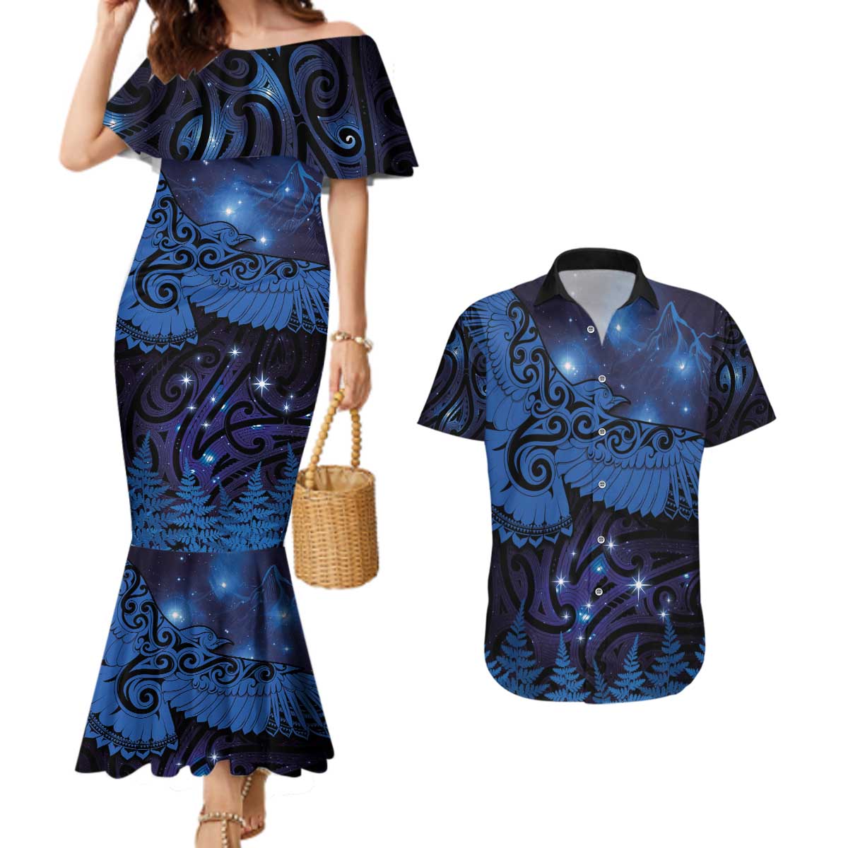 New Zealand Kea Bird Couples Matching Mermaid Dress and Hawaiian Shirt Maori Tattoo and Silver Fern Matariki Style LT03 Blue - Polynesian Pride