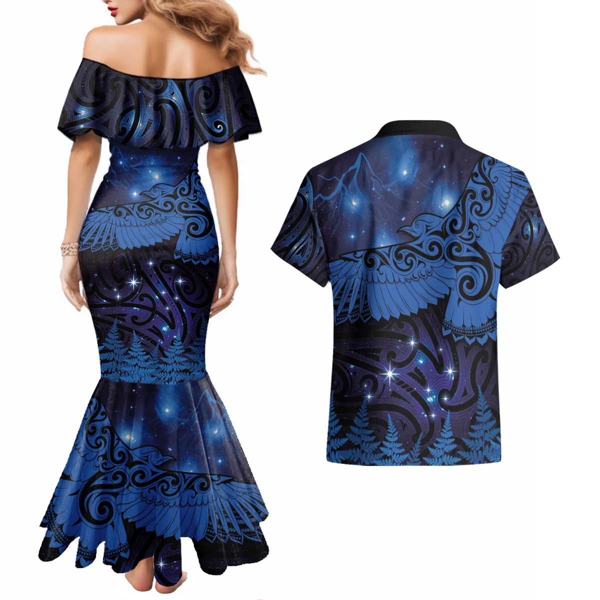 New Zealand Kea Bird Couples Matching Mermaid Dress and Hawaiian Shirt Maori Tattoo and Silver Fern Matariki Style LT03 - Polynesian Pride