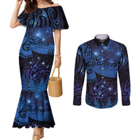 New Zealand Kea Bird Couples Matching Mermaid Dress and Long Sleeve Button Shirt Maori Tattoo and Silver Fern Matariki Style LT03 Blue - Polynesian Pride