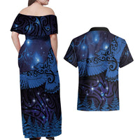 New Zealand Kea Bird Couples Matching Off Shoulder Maxi Dress and Hawaiian Shirt Maori Tattoo and Silver Fern Matariki Style LT03 - Polynesian Pride