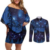 New Zealand Kea Bird Couples Matching Off Shoulder Short Dress and Long Sleeve Button Shirt Maori Tattoo and Silver Fern Matariki Style LT03 Blue - Polynesian Pride
