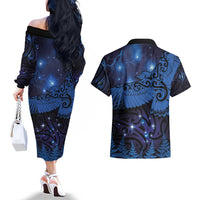 New Zealand Kea Bird Couples Matching Off The Shoulder Long Sleeve Dress and Hawaiian Shirt Maori Tattoo and Silver Fern Matariki Style LT03 - Polynesian Pride
