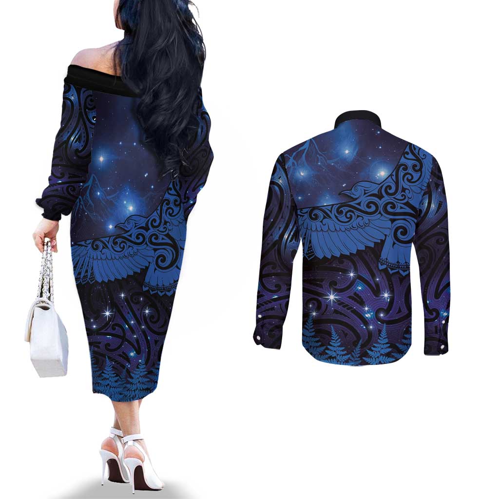 New Zealand Kea Bird Couples Matching Off The Shoulder Long Sleeve Dress and Long Sleeve Button Shirt Maori Tattoo and Silver Fern Matariki Style LT03 - Polynesian Pride
