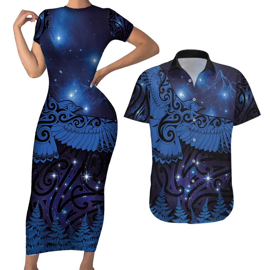 New Zealand Kea Bird Couples Matching Short Sleeve Bodycon Dress and Hawaiian Shirt Maori Tattoo and Silver Fern Matariki Style LT03 Blue - Polynesian Pride
