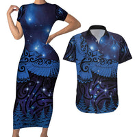 New Zealand Kea Bird Couples Matching Short Sleeve Bodycon Dress and Hawaiian Shirt Maori Tattoo and Silver Fern Matariki Style LT03 Blue - Polynesian Pride