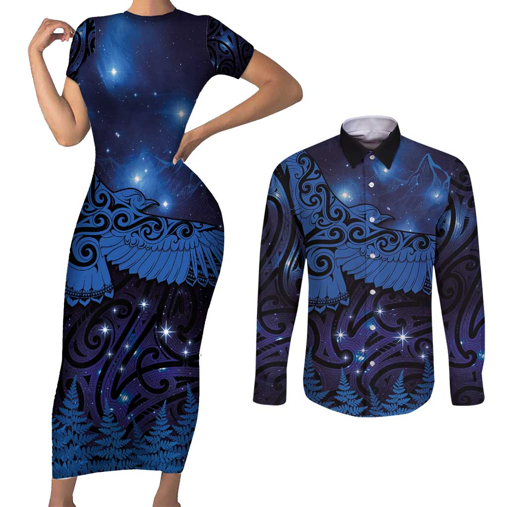 New Zealand Kea Bird Couples Matching Short Sleeve Bodycon Dress and Long Sleeve Button Shirt Maori Tattoo and Silver Fern Matariki Style LT03 Blue - Polynesian Pride