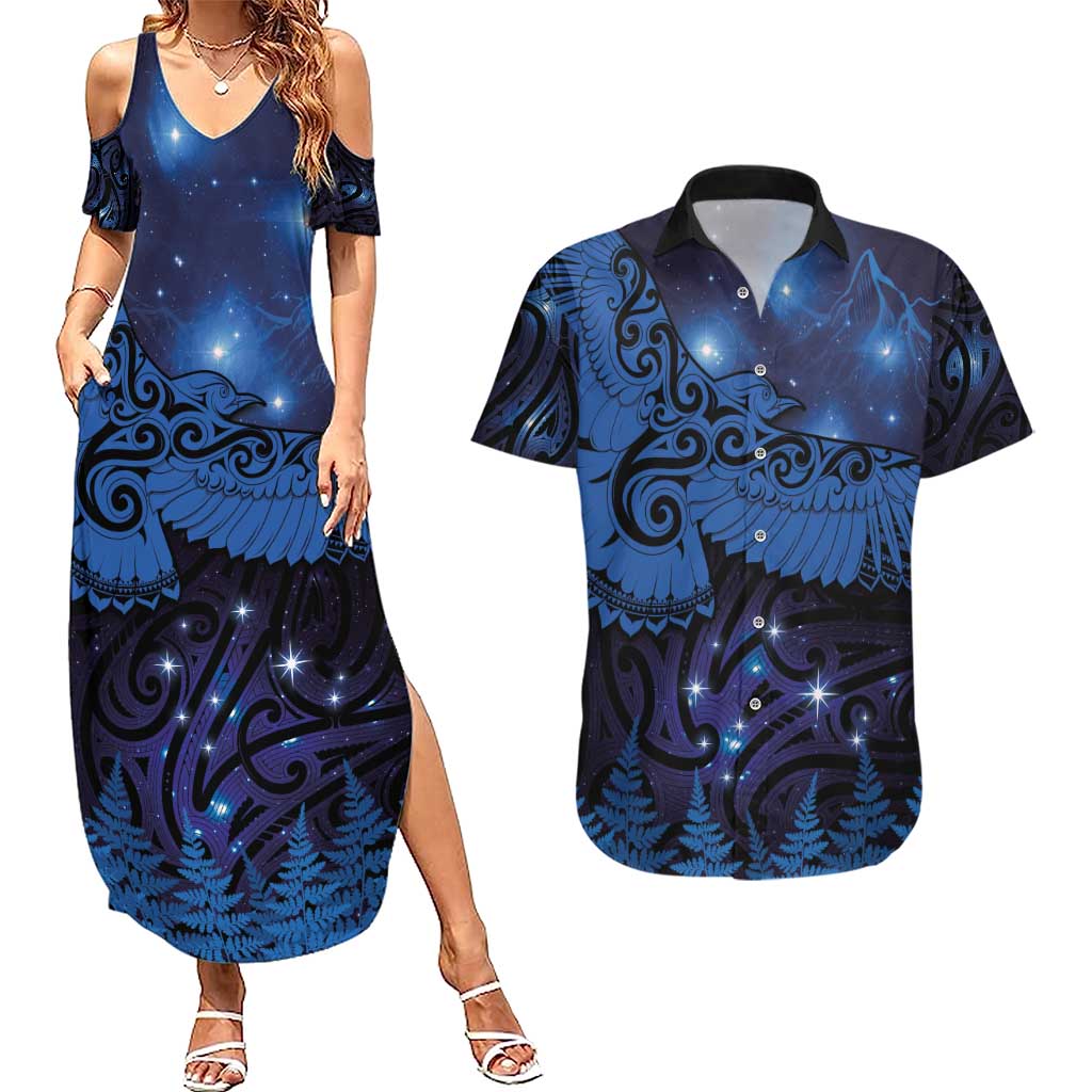 New Zealand Kea Bird Couples Matching Summer Maxi Dress and Hawaiian Shirt Maori Tattoo and Silver Fern Matariki Style LT03 Blue - Polynesian Pride