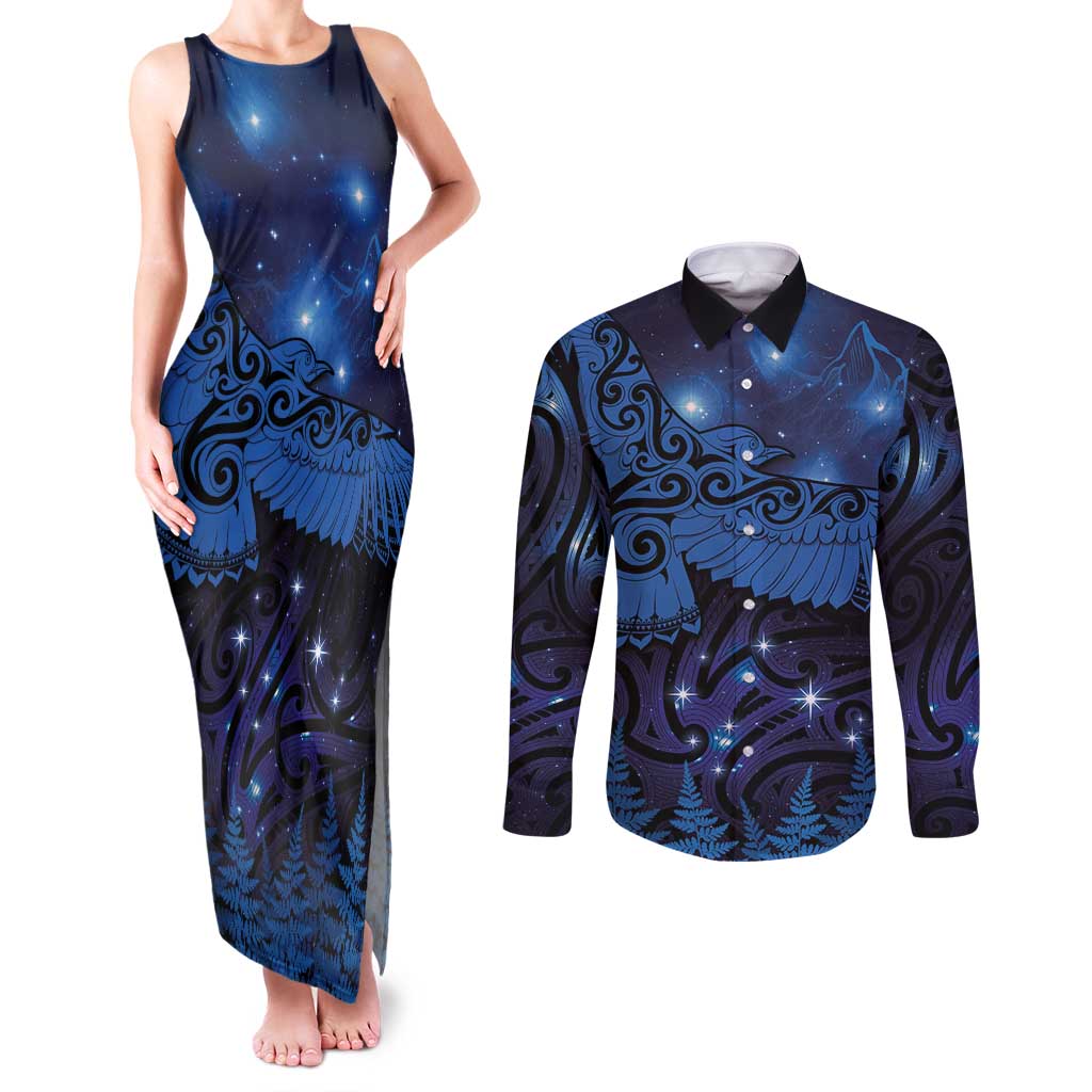 New Zealand Kea Bird Couples Matching Tank Maxi Dress and Long Sleeve Button Shirt Maori Tattoo and Silver Fern Matariki Style LT03 Blue - Polynesian Pride