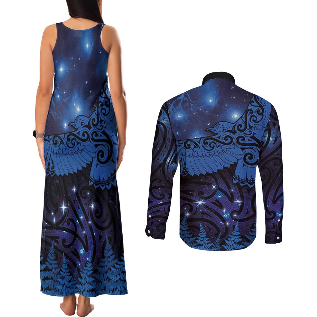 New Zealand Kea Bird Couples Matching Tank Maxi Dress and Long Sleeve Button Shirt Maori Tattoo and Silver Fern Matariki Style LT03 - Polynesian Pride