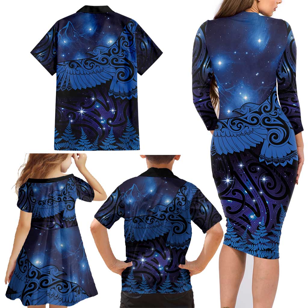 New Zealand Kea Bird Family Matching Long Sleeve Bodycon Dress and Hawaiian Shirt Maori Tattoo and Silver Fern Matariki Style LT03 - Polynesian Pride