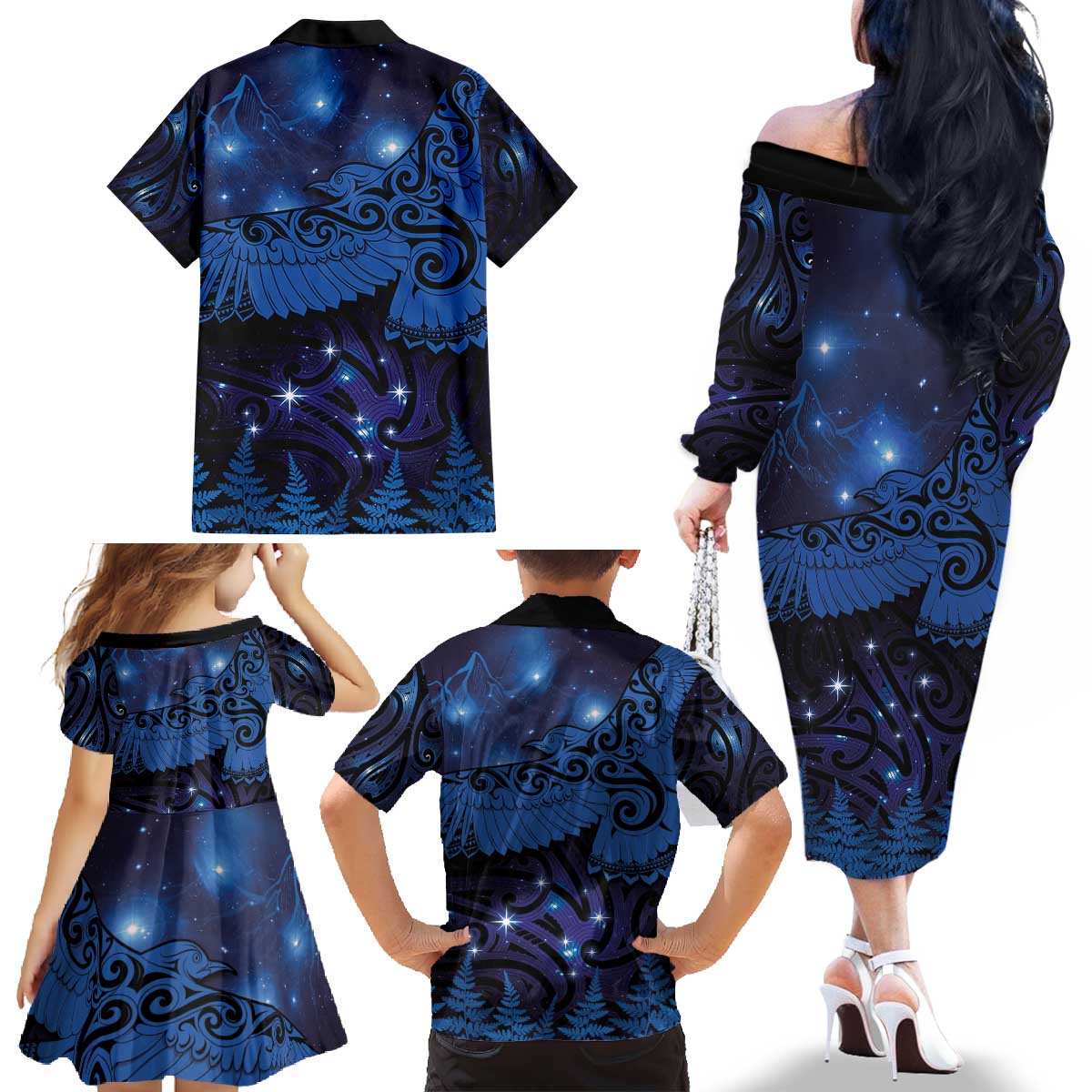New Zealand Kea Bird Family Matching Off The Shoulder Long Sleeve Dress and Hawaiian Shirt Maori Tattoo and Silver Fern Matariki Style LT03 - Polynesian Pride
