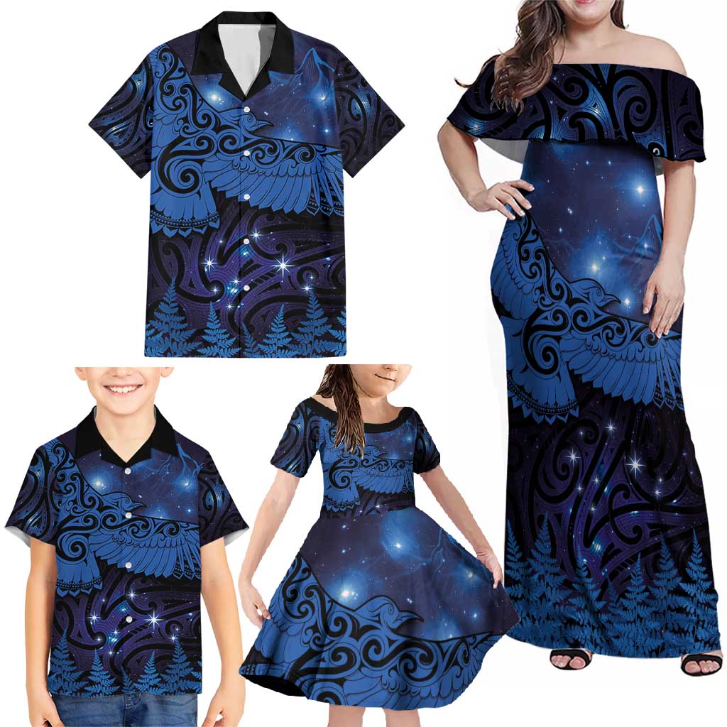 New Zealand Kea Bird Family Matching Off Shoulder Maxi Dress and Hawaiian Shirt Maori Tattoo and Silver Fern Matariki Style LT03 - Polynesian Pride